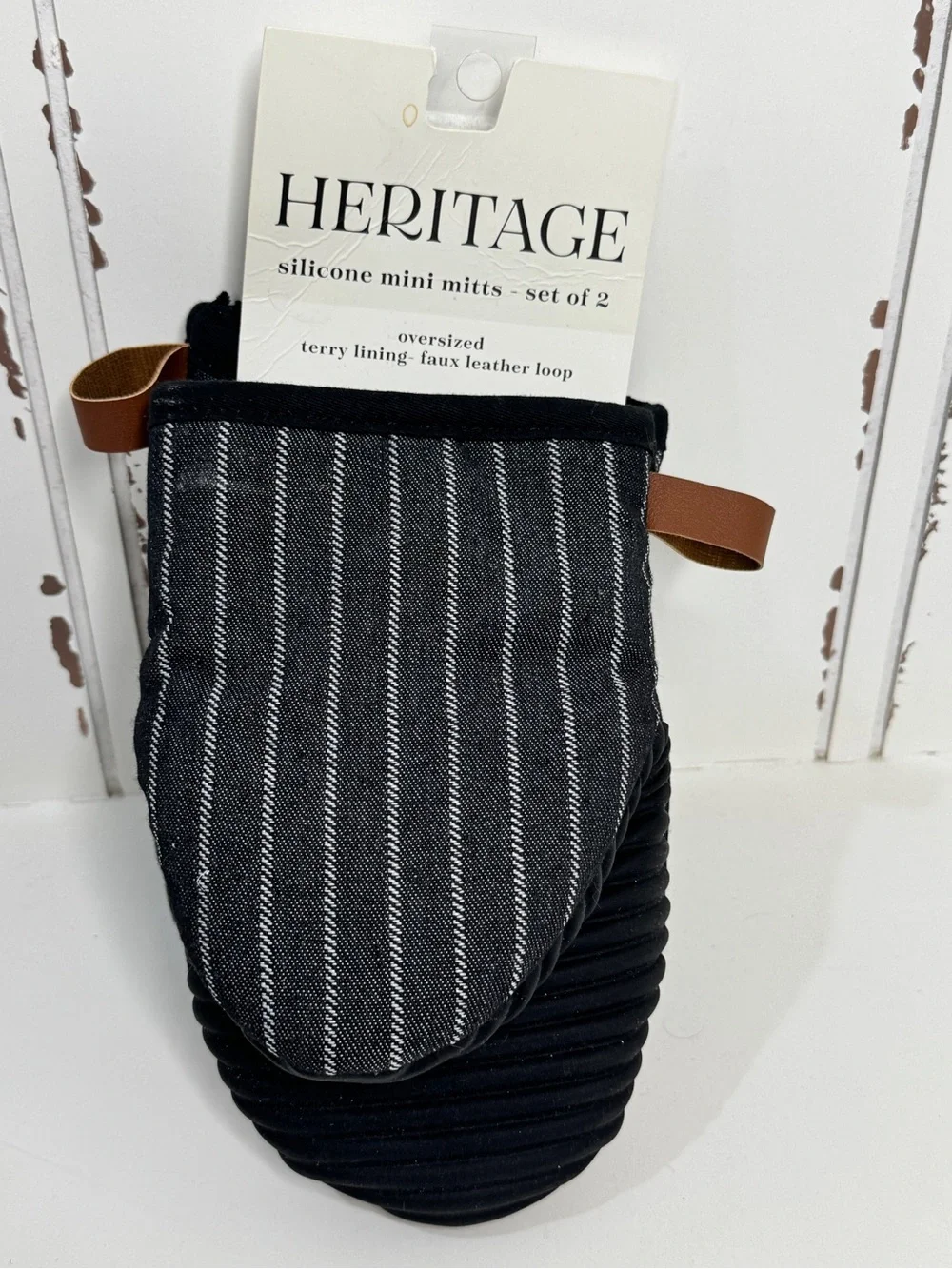 HERITAGE Black and White Pinstripe Silicone Mini Mitts with Brown Loop